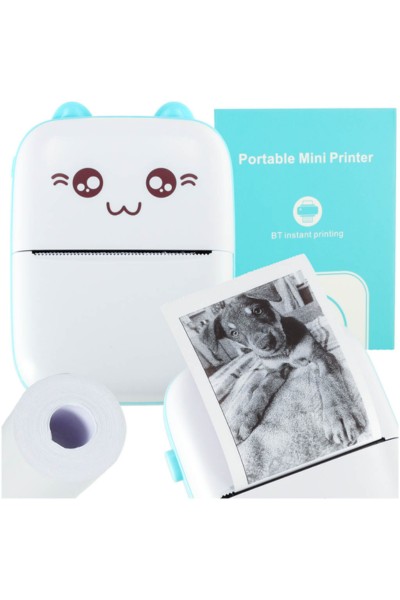 Drukarka mini termiczna do zdjęć etykiet kot niebieski + 2 rolki papieru GRATIS