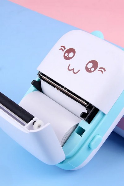 Drukarka mini termiczna do zdjęć etykiet kot niebieski + 2 rolki papieru GRATIS