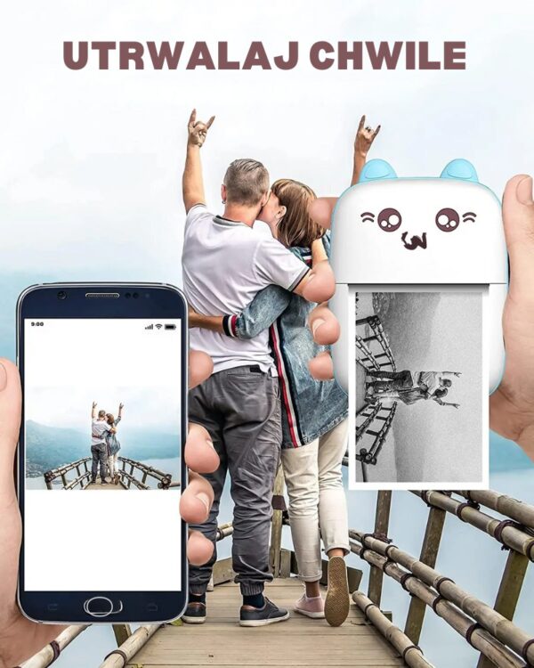 Drukarka mini termiczna do zdjęć etykiet kot niebieski + 2 rolki papieru GRATIS