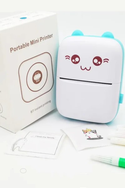 Drukarka mini termiczna do zdjęć etykiet kot niebieski + 2 rolki papieru GRATIS