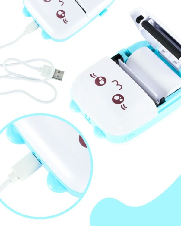 Drukarka mini termiczna do zdjęć etykiet kot niebieski + 2 rolki papieru GRATIS