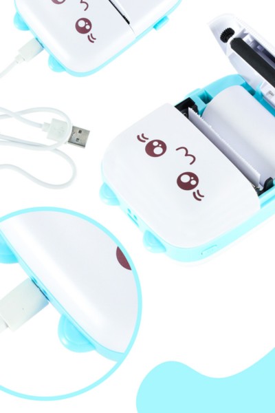 Drukarka mini termiczna do zdjęć etykiet kot niebieski + 2 rolki papieru GRATIS