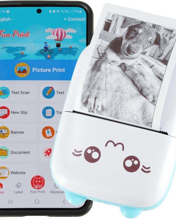 Drukarka mini termiczna do zdjęć etykiet kot niebieski + 2 rolki papieru GRATIS