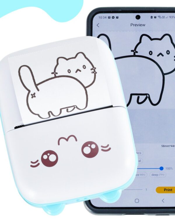 Drukarka mini termiczna do zdjęć etykiet kot niebieski + 2 rolki papieru GRATIS