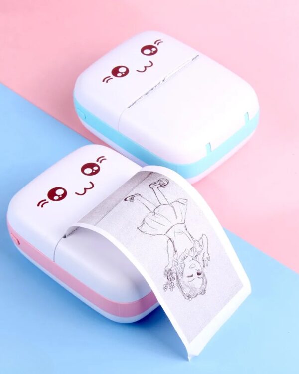 Drukarka mini termiczna do zdjęć etykiet kot niebieski + 2 rolki papieru GRATIS