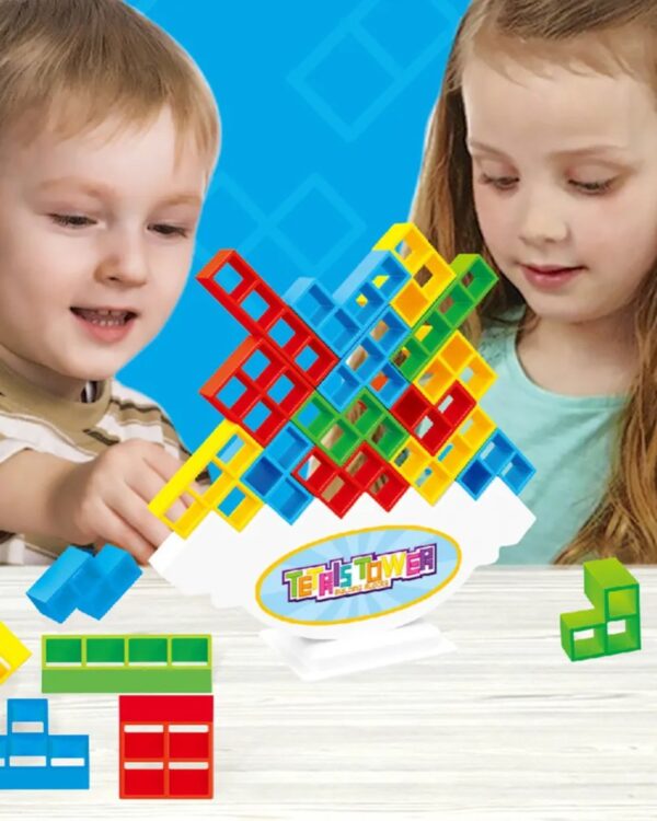 Układanka TETRIS balansujące klocki gra logiczna grający chłopiec i dziewczynka